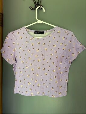 Lavender Floral Ribbed Short Sleeve Crop Top - Brandy Melville